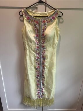 Vintage 60s Yellow Beaded Sheath Dress | Mesh Overlay Fringe Cocktail Mod Size S